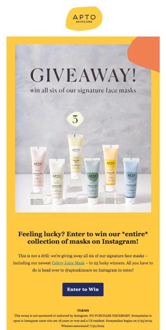 Apto Skincare sent a branded email to its list highlighting a giveaway with a high-quality photo of the prizes. 