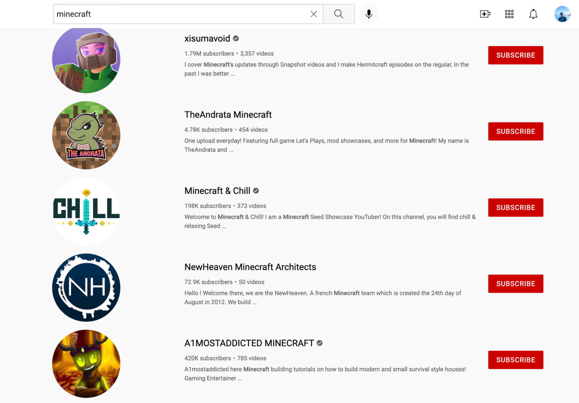 Screenshot of YouTube search for Minecraft showing abundance of Minecraft YouTube channels