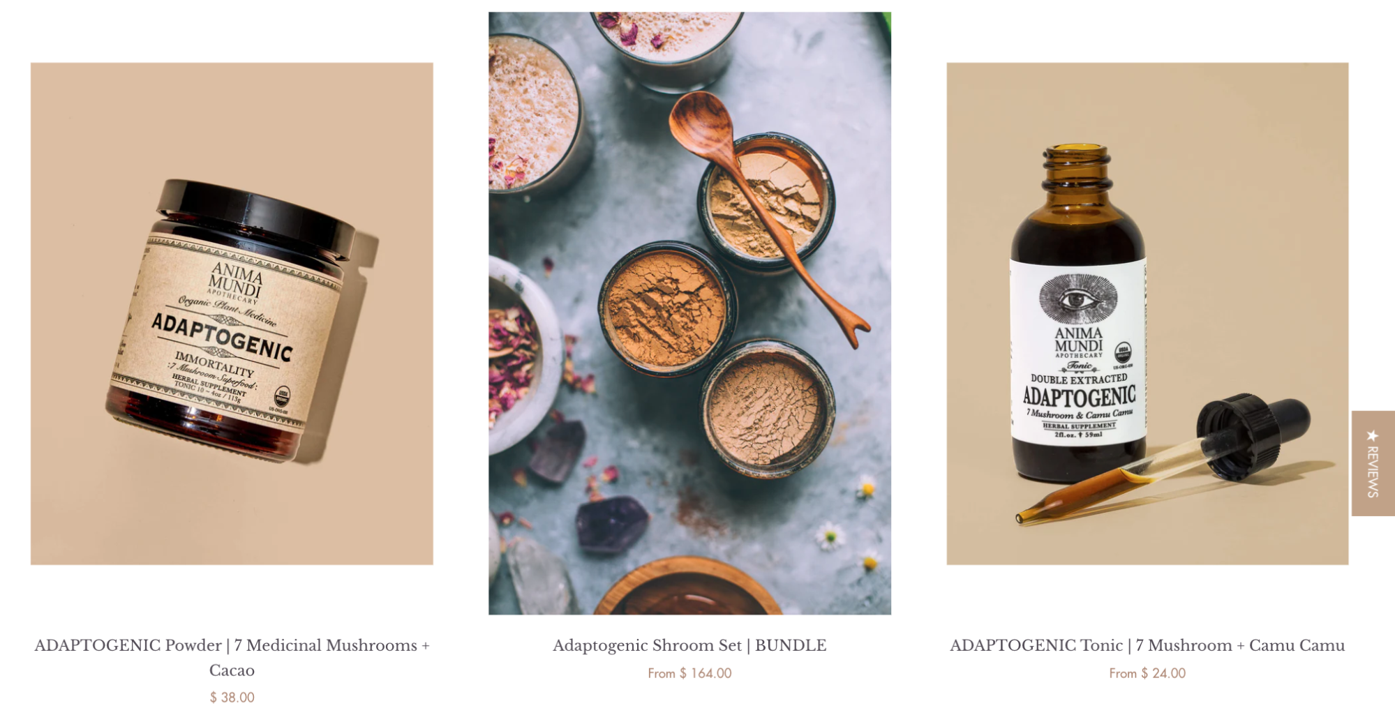 Three listings of adaptogenic products with photos from the Anima Mundi Apothecary website.