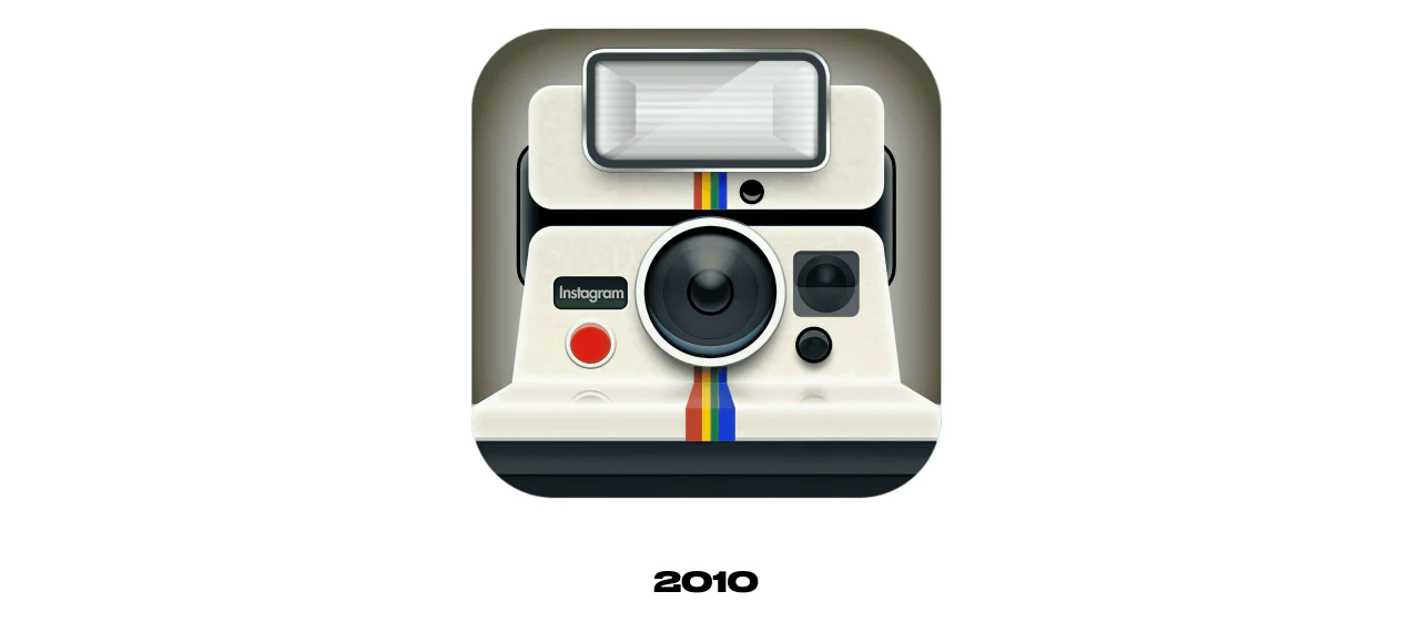 Instagram logo from 2010. The logo is a detail image of a Polaroid OneStep camera with a small label that reads "Instagram".