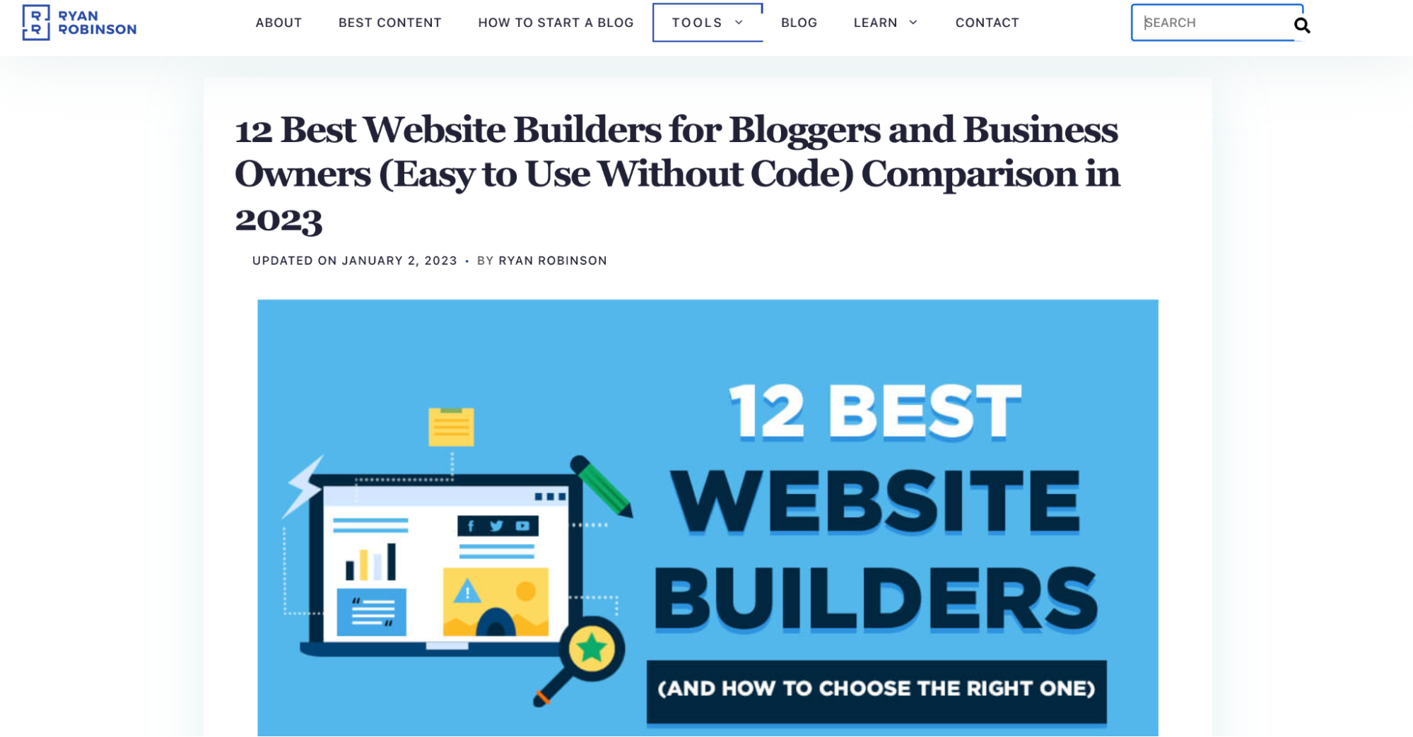 Ryan Robinson's blog showing an article on the best website builders