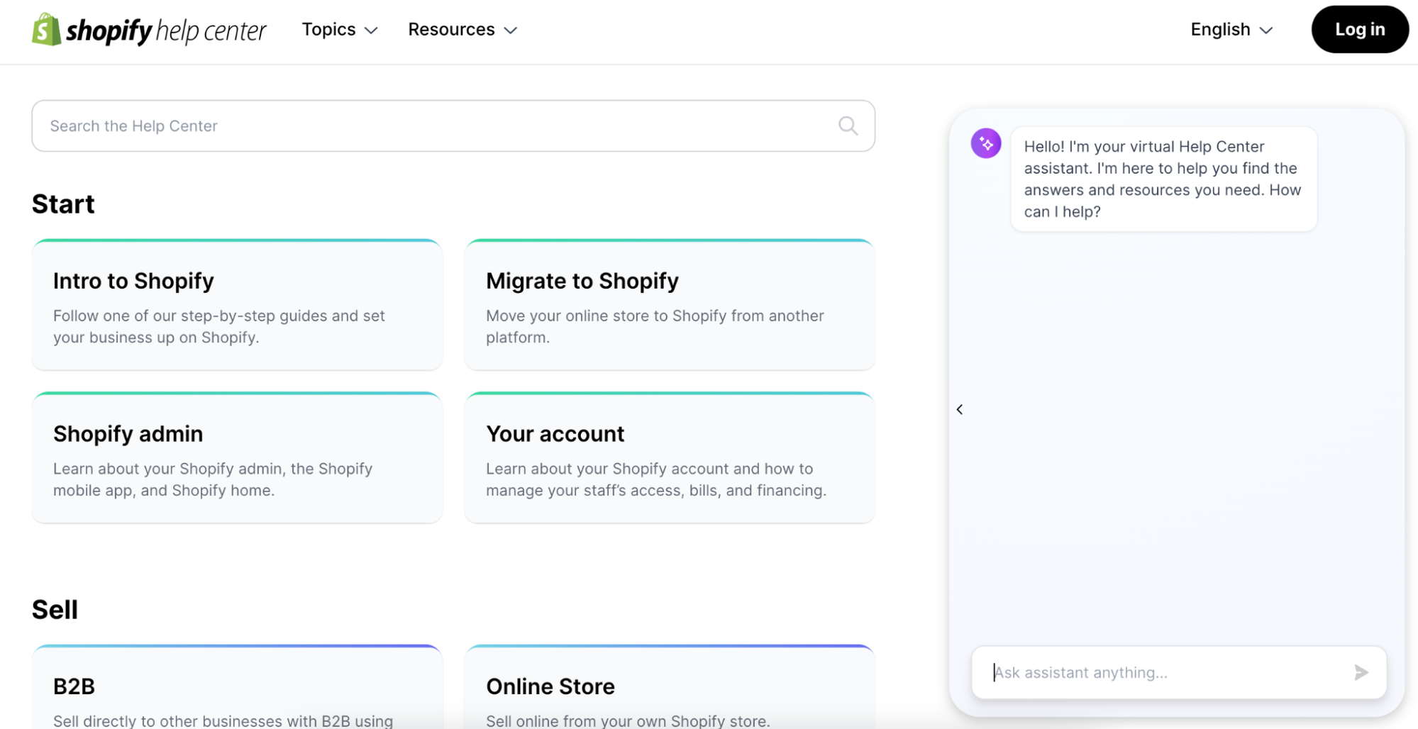 Screenshot of homepage of Shopify help center