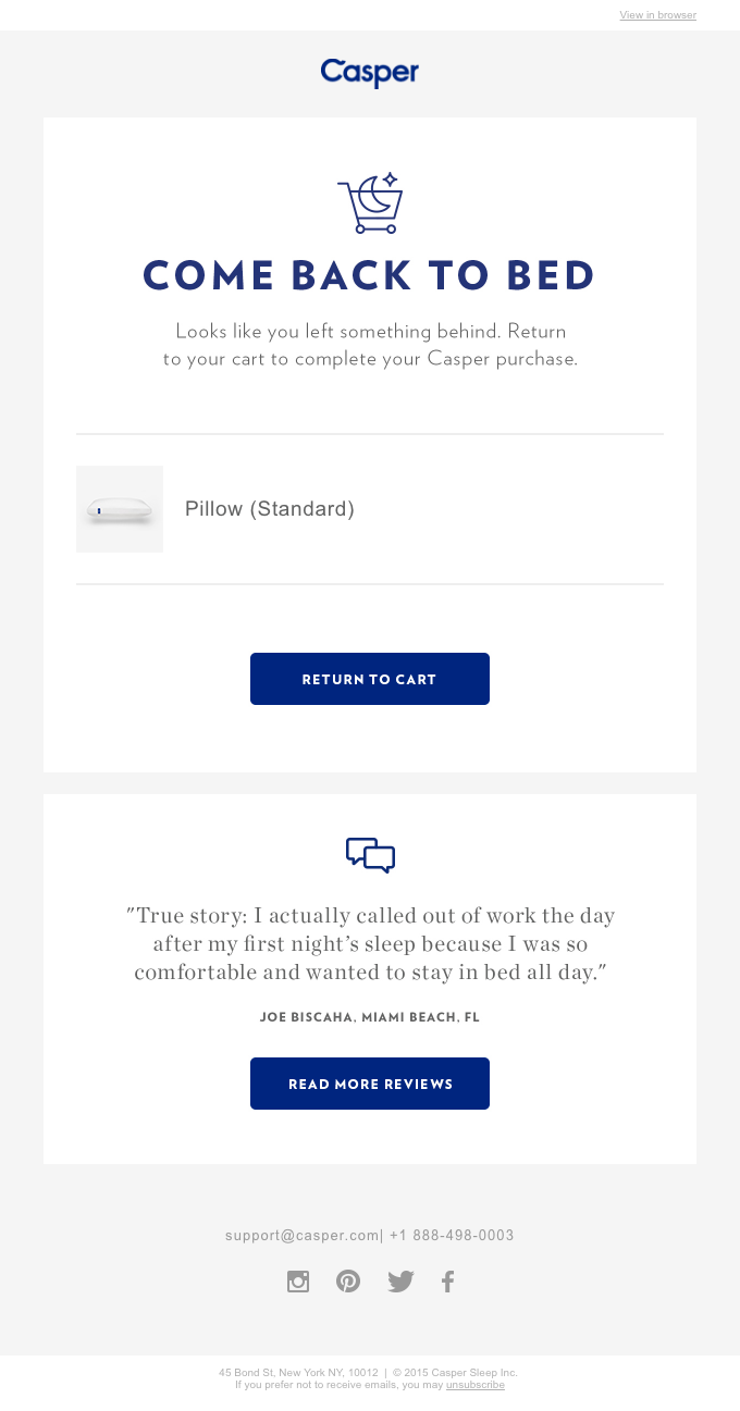 Casper Abandoned Cart Email asking customers to Come Back to Bed with a pillow product