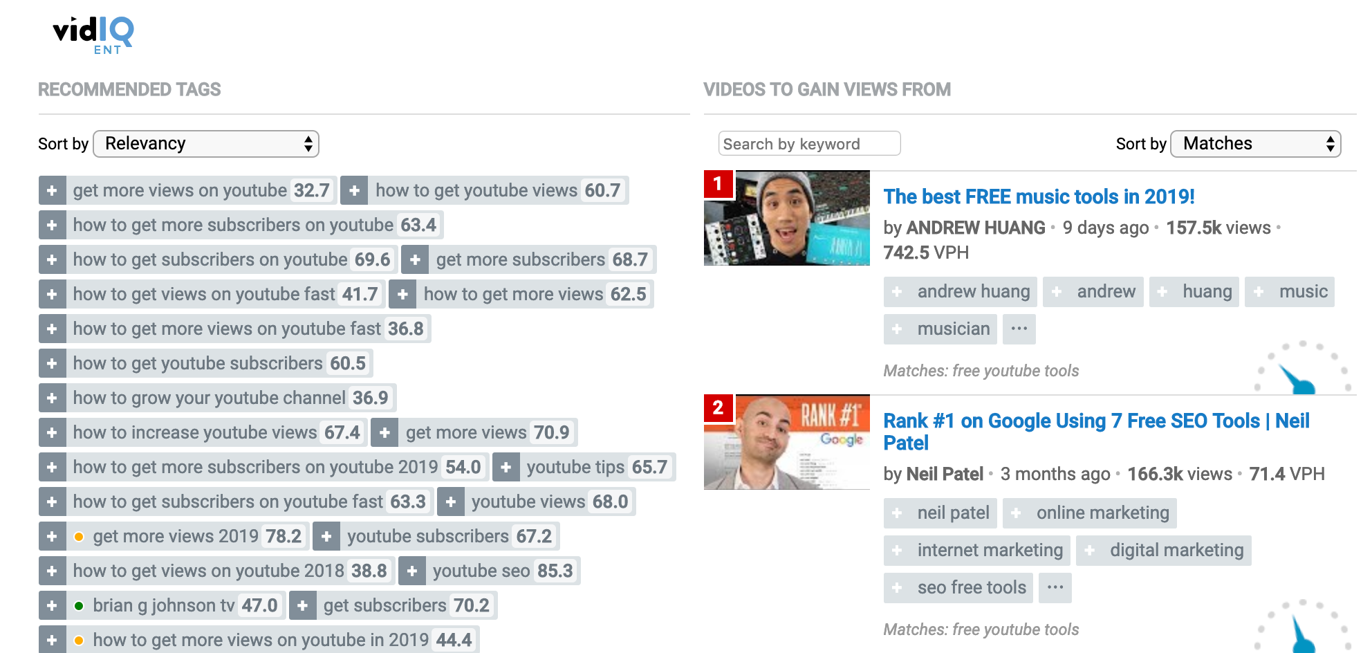 Search results for “how to get more YouTube views” on VidIQ