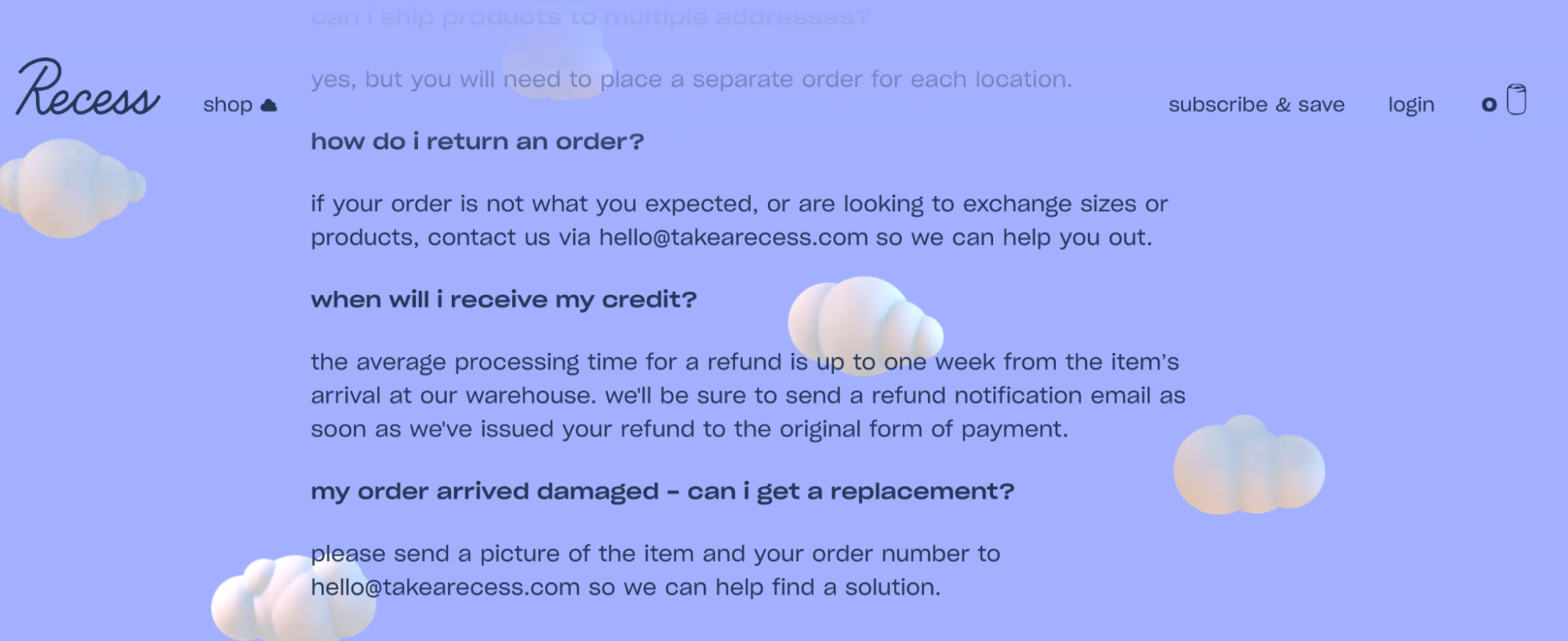 Recess’s returns policy page details the returns process and includes information on damaged orders.