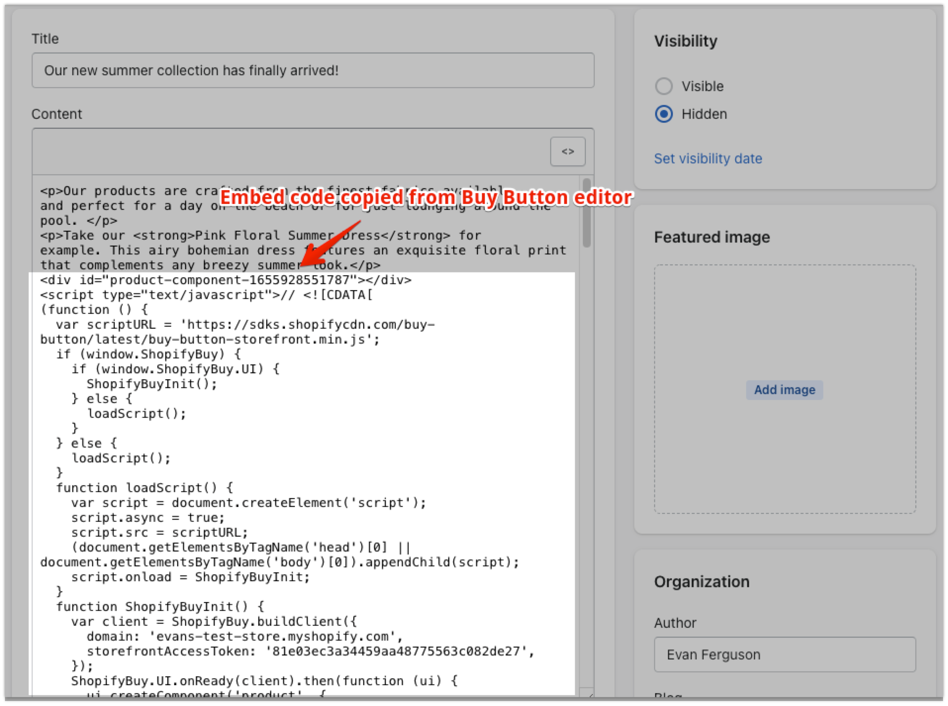 Screenshot showing Buy Button embed code in the HTML view of the blog editor.