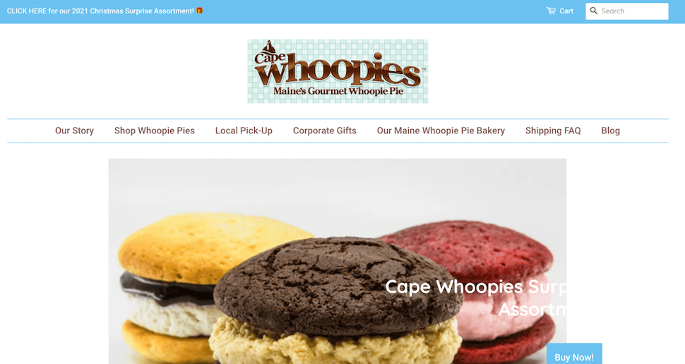 Screenshot of Cape Whoopies’ homepage, showing three different whoopie pies in the hero image.