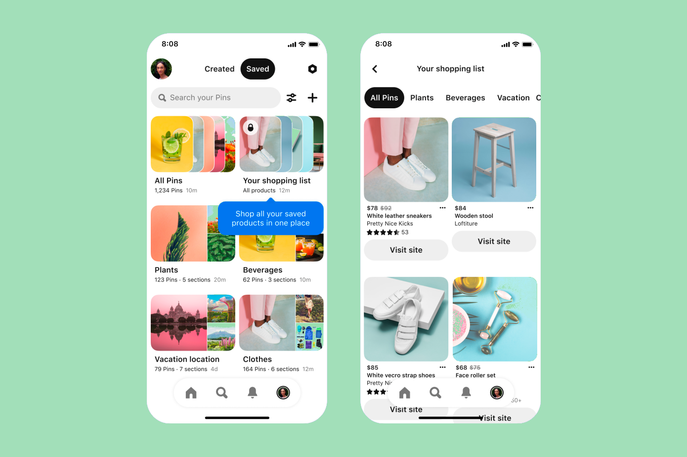 Two mobile screens from the Pinterest app containing images of clothes, plants, furniture, and drinks.