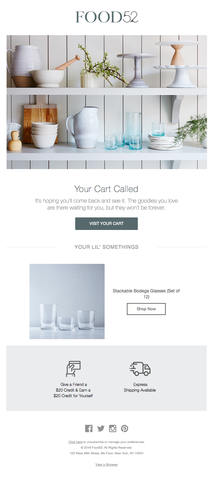 Food52 abandoned cart email reminding the customer that their cart is calling and images of the product