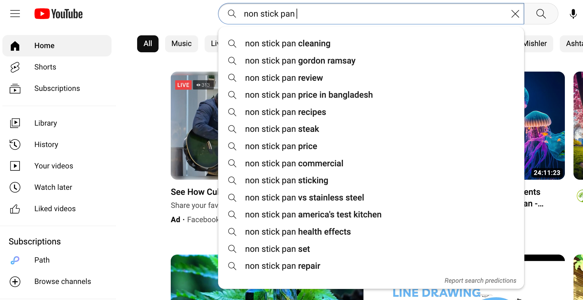 screenshot of YouTube search