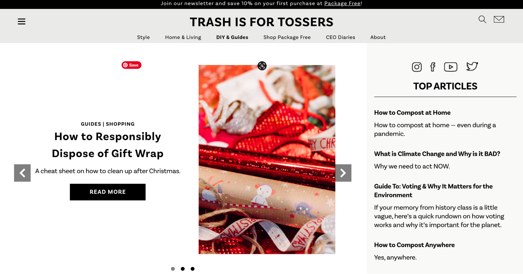 Capture d'écran de la page d'accueil du site web "Trash is for Tossers".