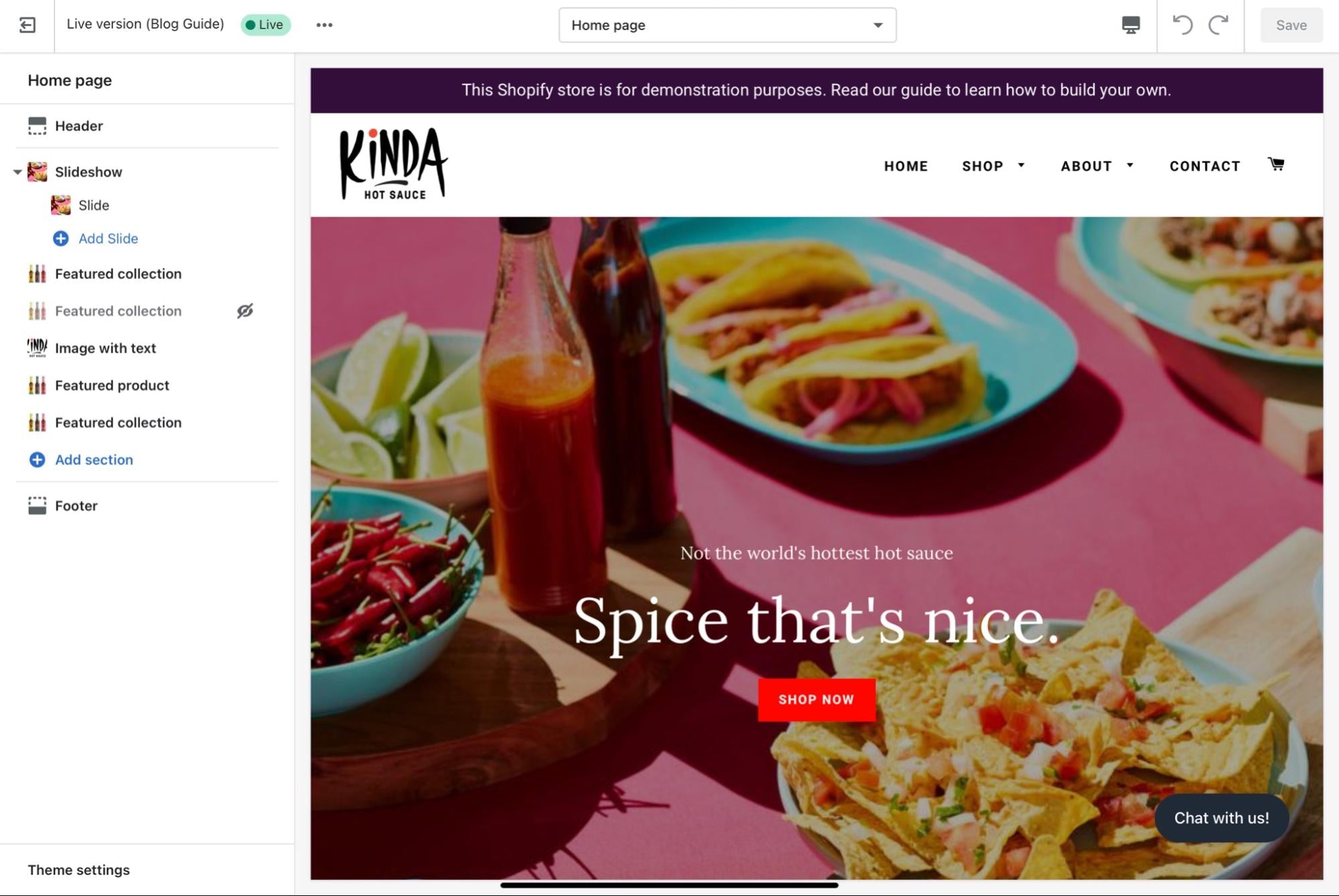 Merchant view of Kinda Hot Sauce store showing homepage