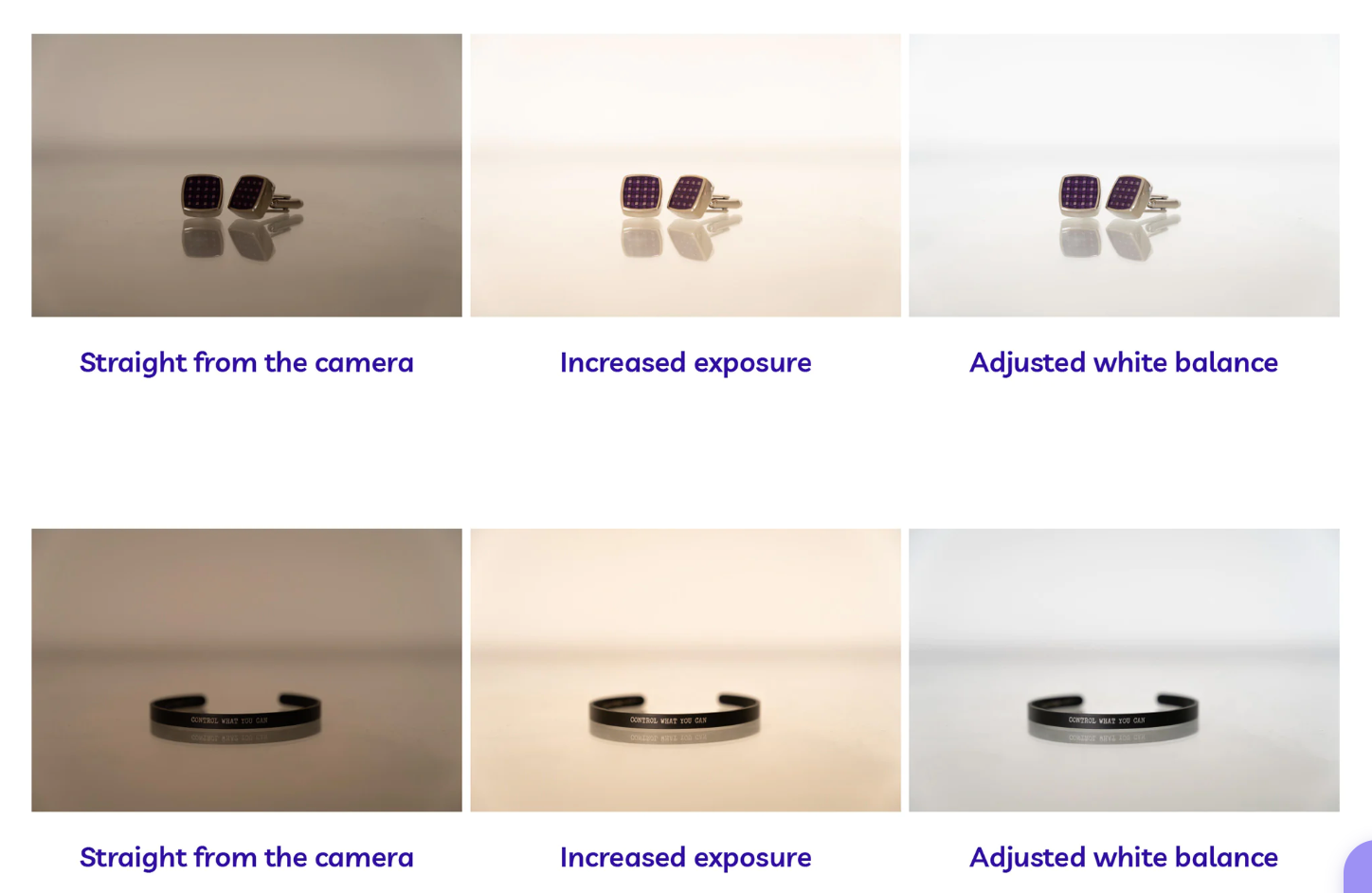 Two sets of jewelry product photos, illustrating how a non-edited image compares to edited images.