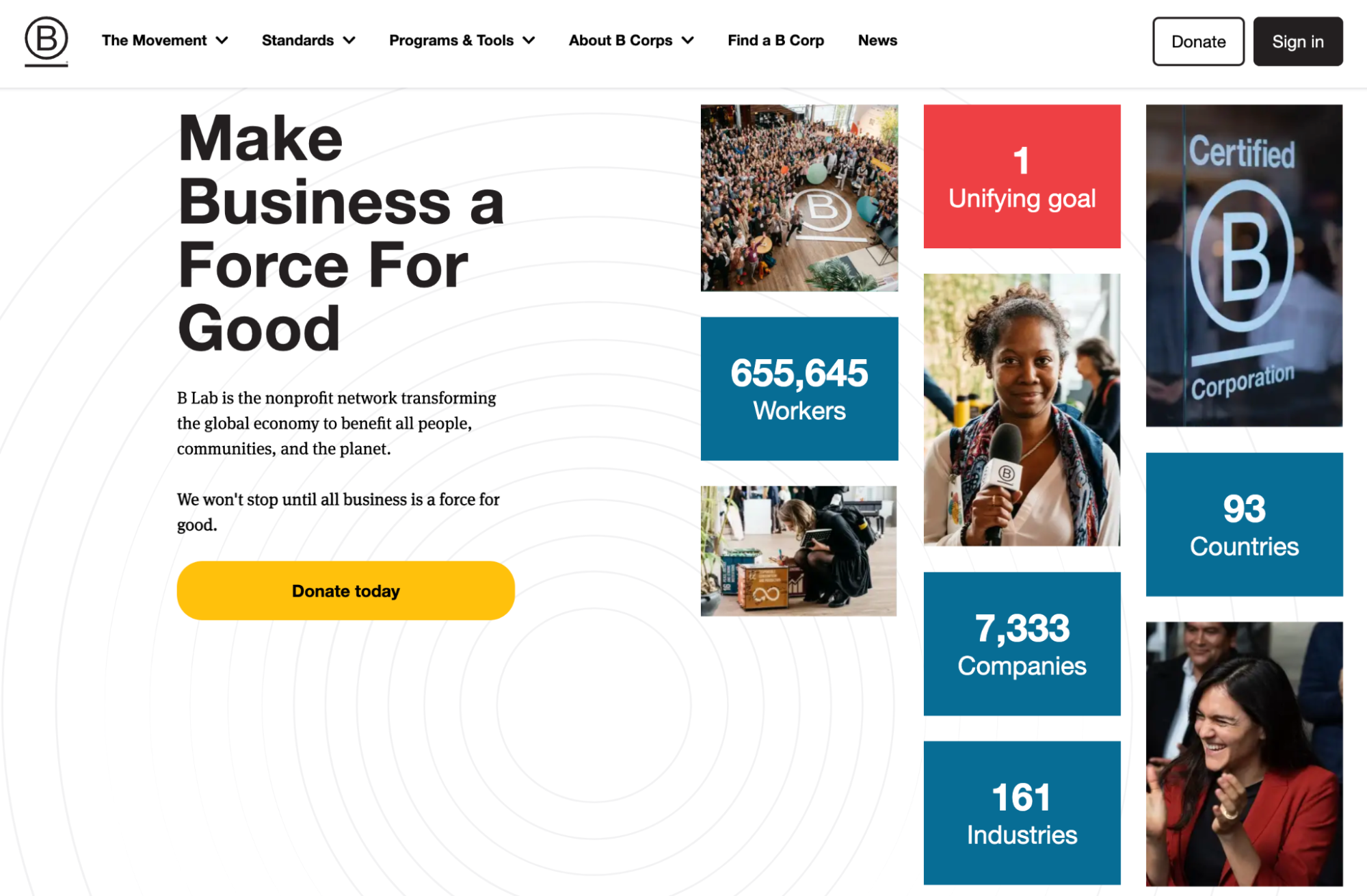 Screenshot of B Corp’s homepage