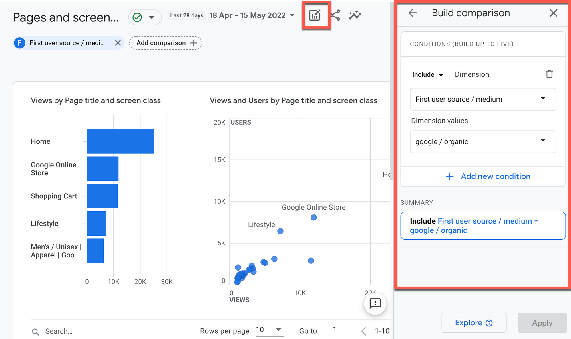 Build a comparison view in Google Analytics 4