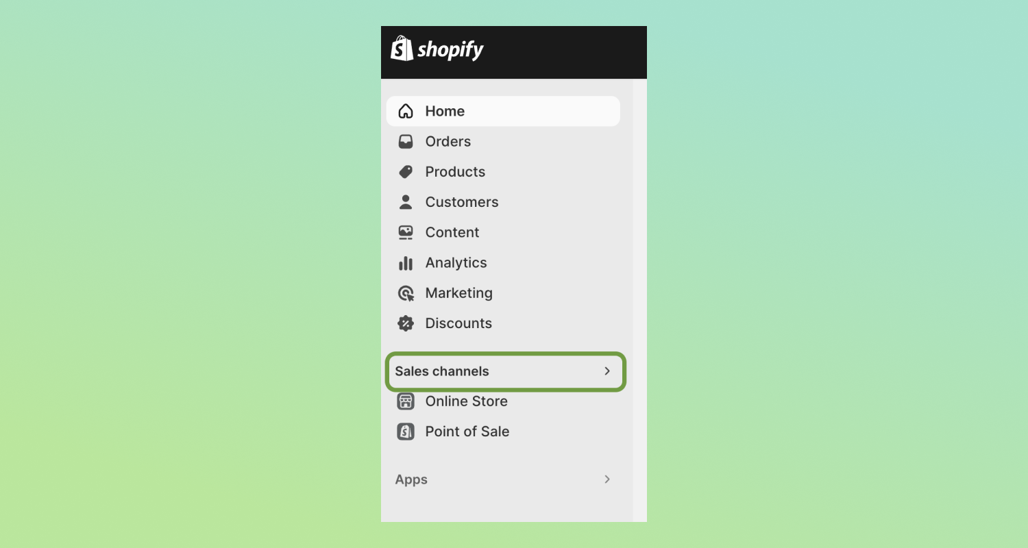 The Shopify admin dashboard with the sales channel feature highlighted.