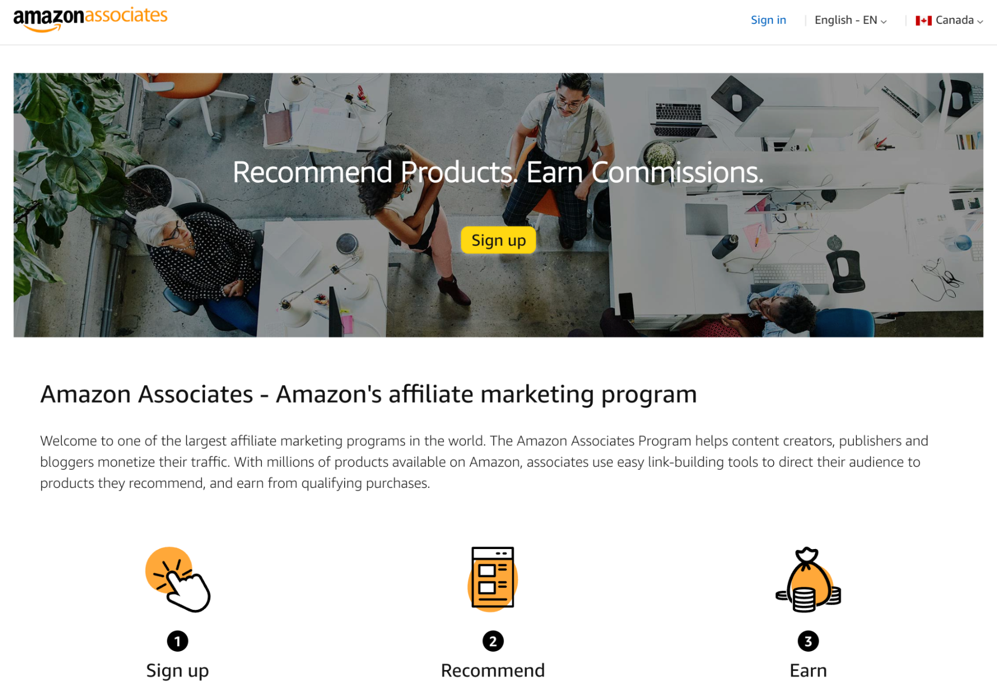 A screenshot of the Amazon Associates home page