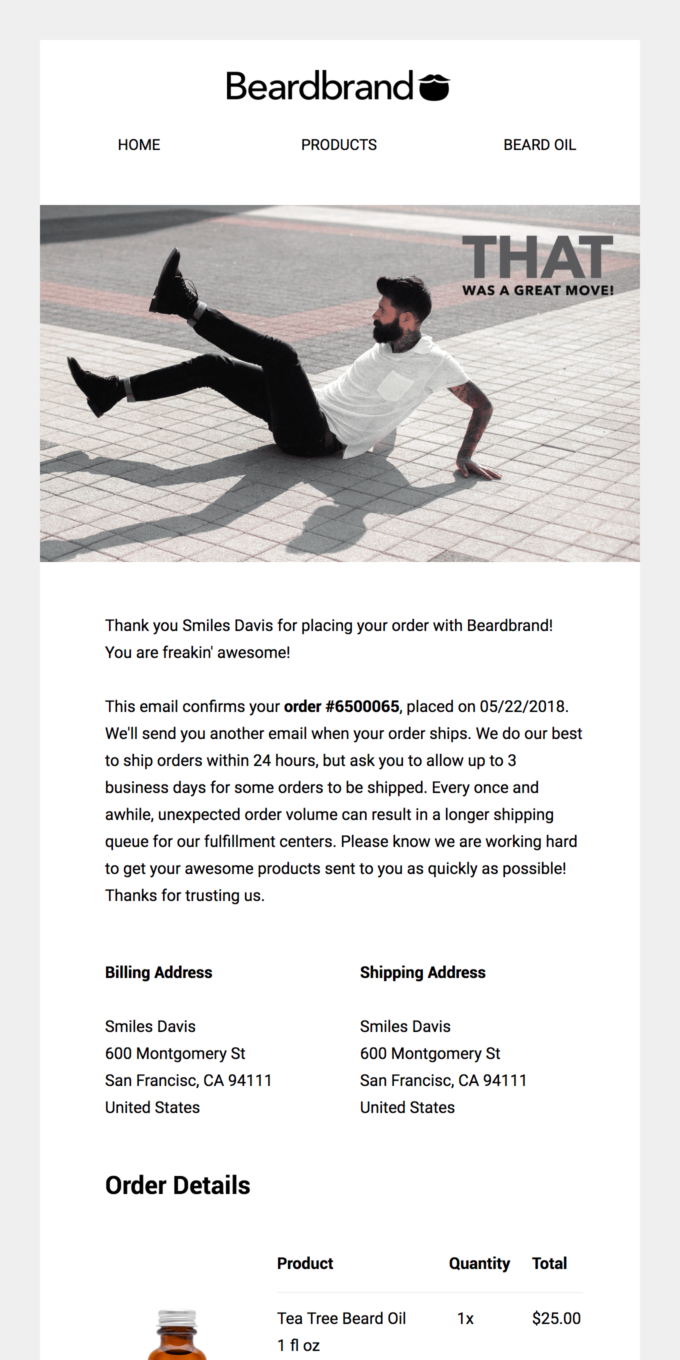 Beardbrand 电子邮件的横幅显示一名身穿白色 T 恤、黑色牛仔裤和黑色靴子的男士。 下面是一条消息，告诉客户发货时间延迟。