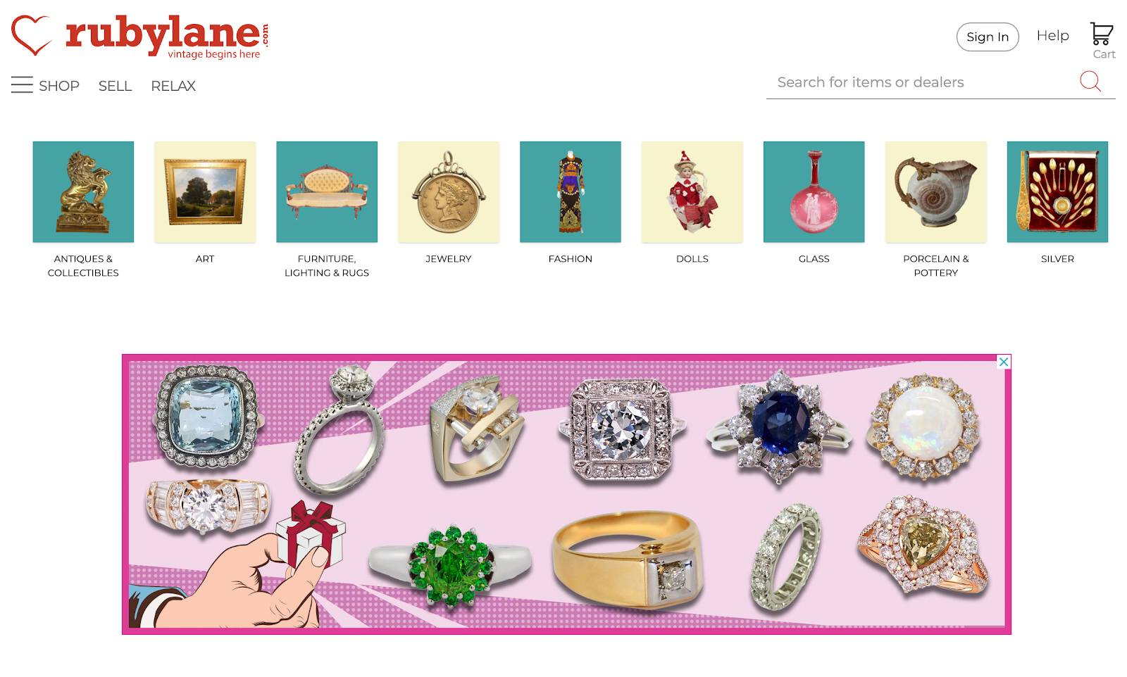 Diamond rings on a pink background. A carousel of antiques categories like art, furniture, and glass.