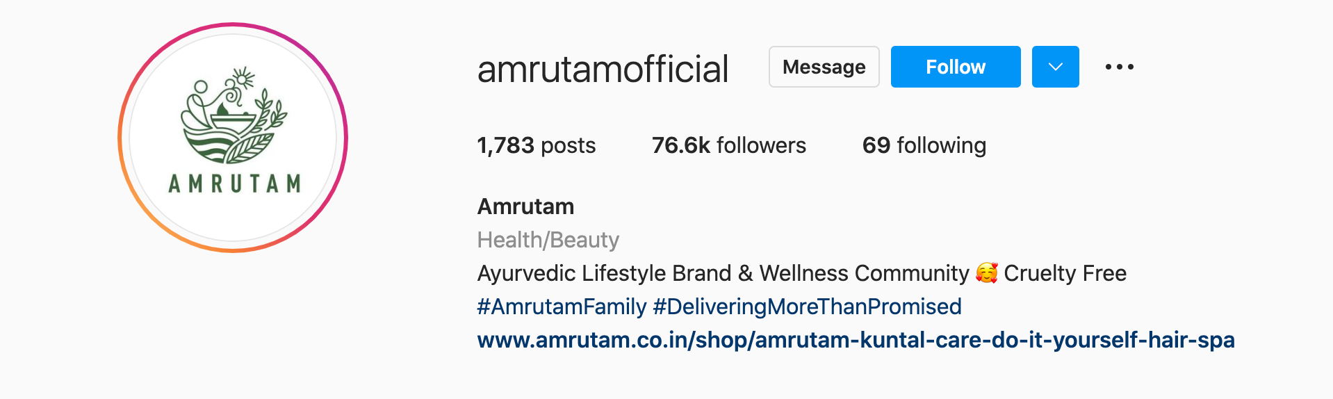 Instagram profile for Amrutam showing a green illustrated logo and an introduction to the brand.