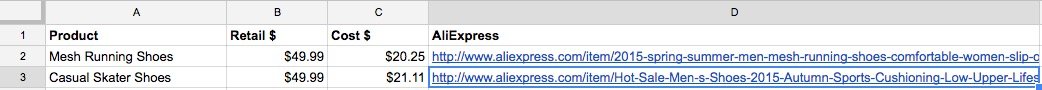 Two lines of a spreadsheet detailing product names, prices, and associated URLs