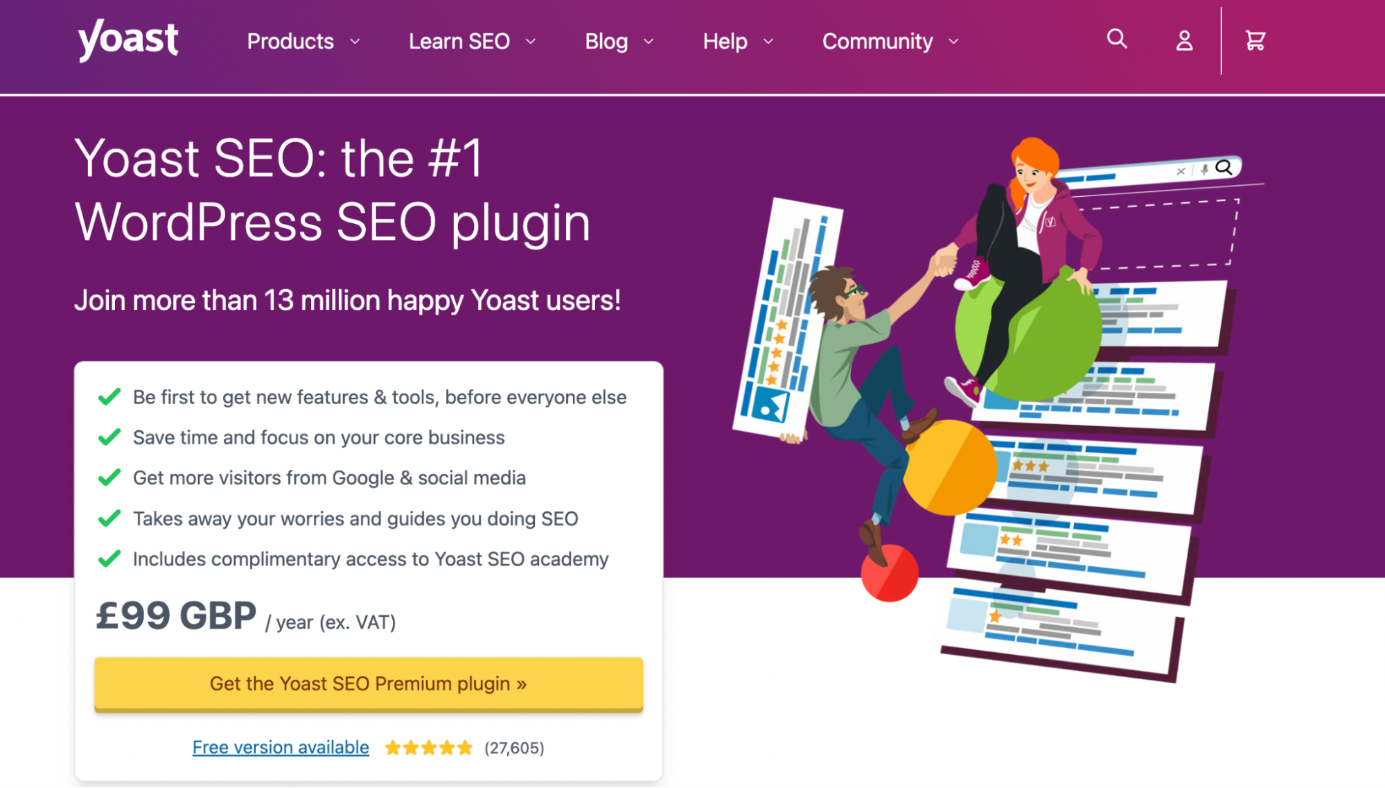 A screenshot of the Yoast SEO plugin homepage, with a list of benefits