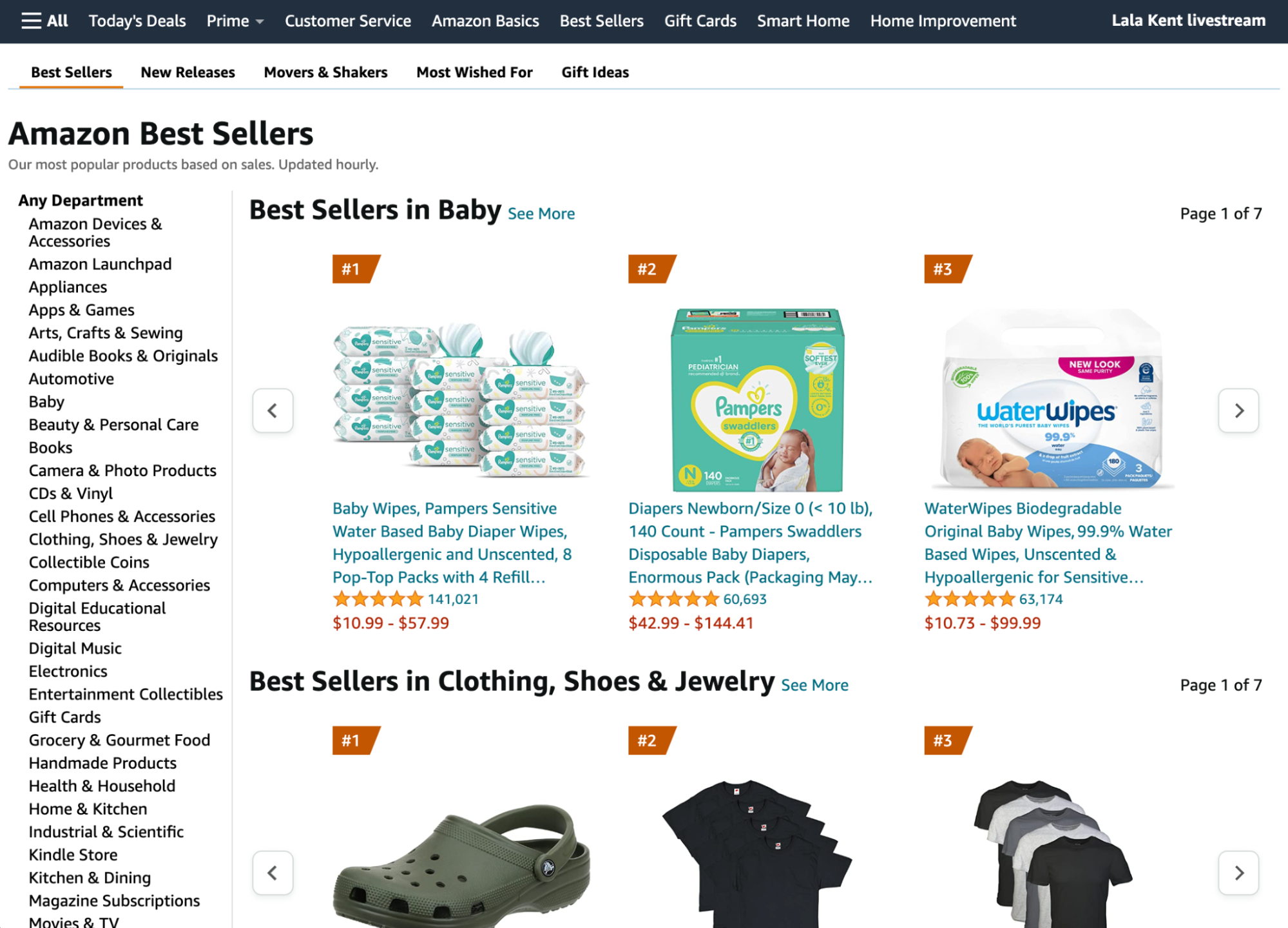 Amazon Best Sellers page showing the top-selling products in categories such as Baby and Clothing.