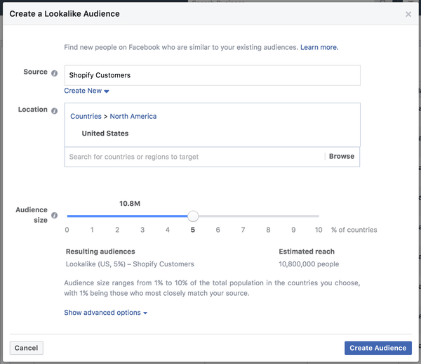 The Create a Lookalike Audience tool in the Facebook Ad Manager