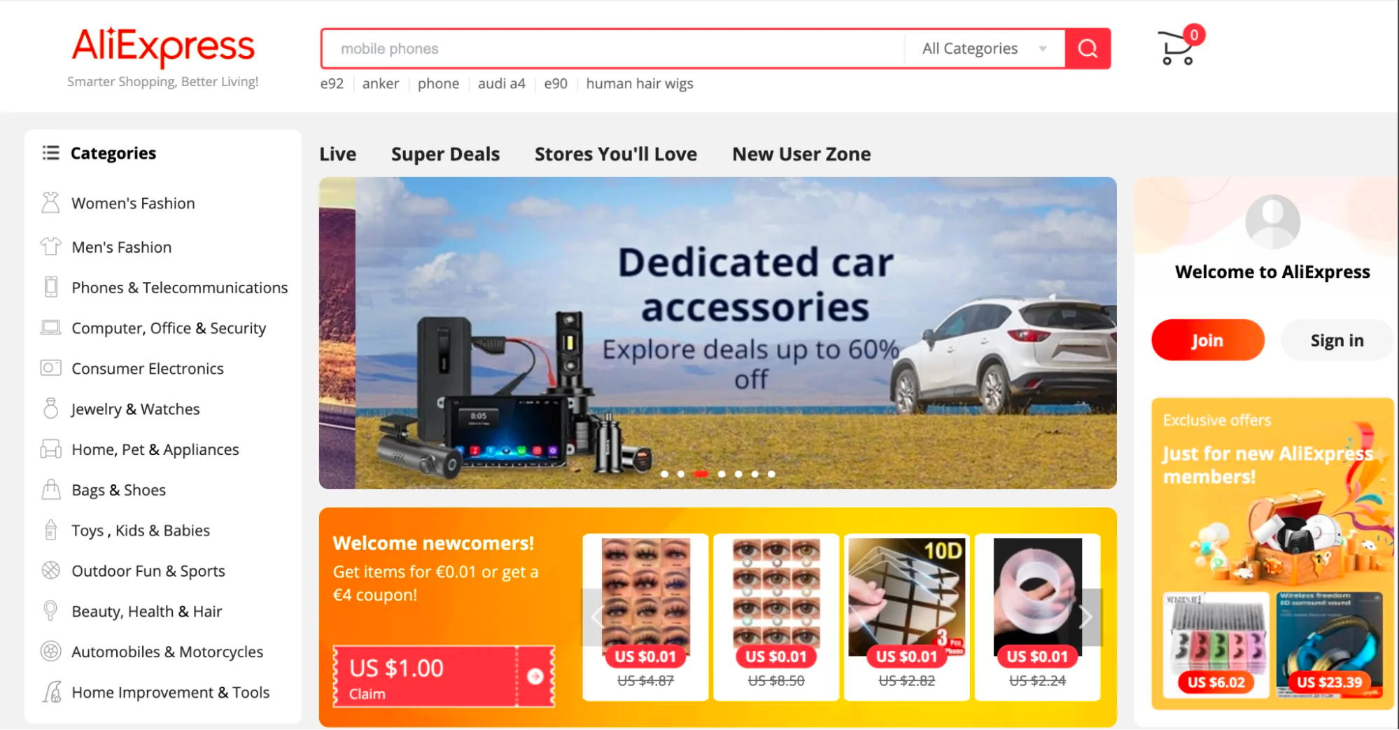 AliExpress homepage with banner showing a car parked on a lake shore next to a collage of car accessories