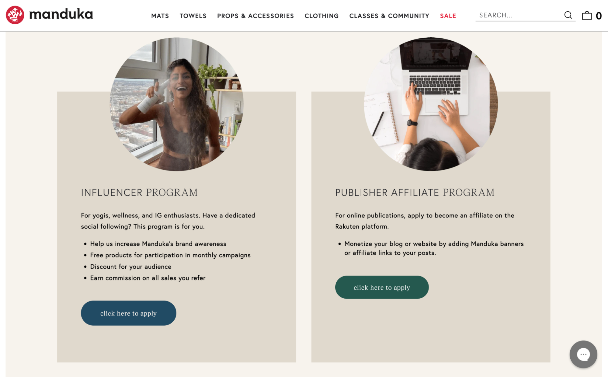 A screenshot of the Manduka affiliate page