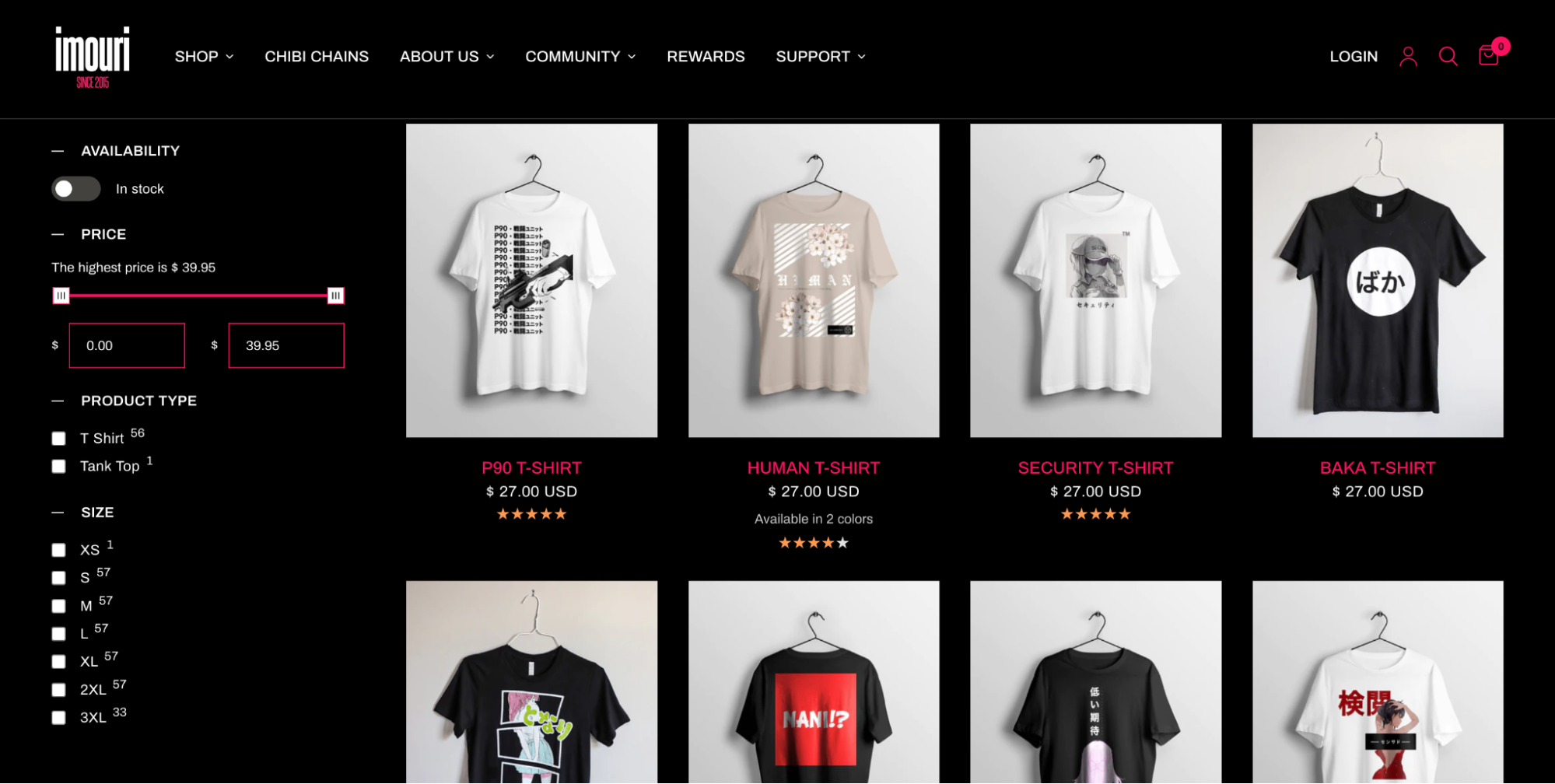 Anime-inspired graphics on eight Imouri t-shirts of various colors, beside an options menu.
