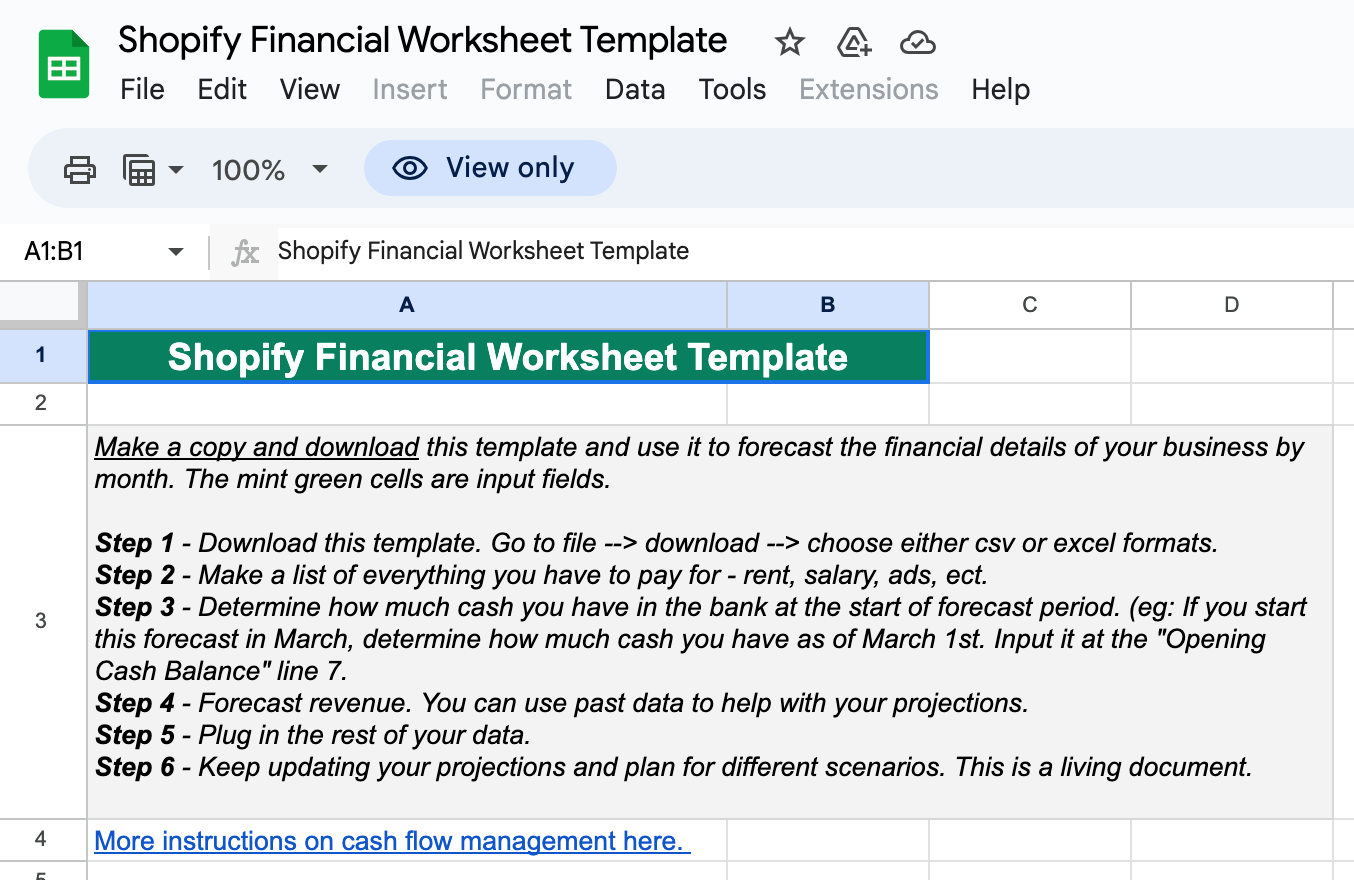Screenshot of Shopify Financial Worksheet Template