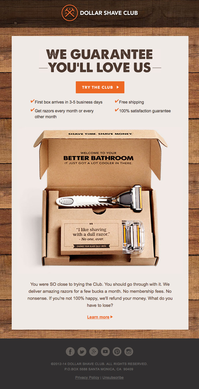 Dollar Shave Club abandoned cart recovery email showing an open box of how the product is delivered