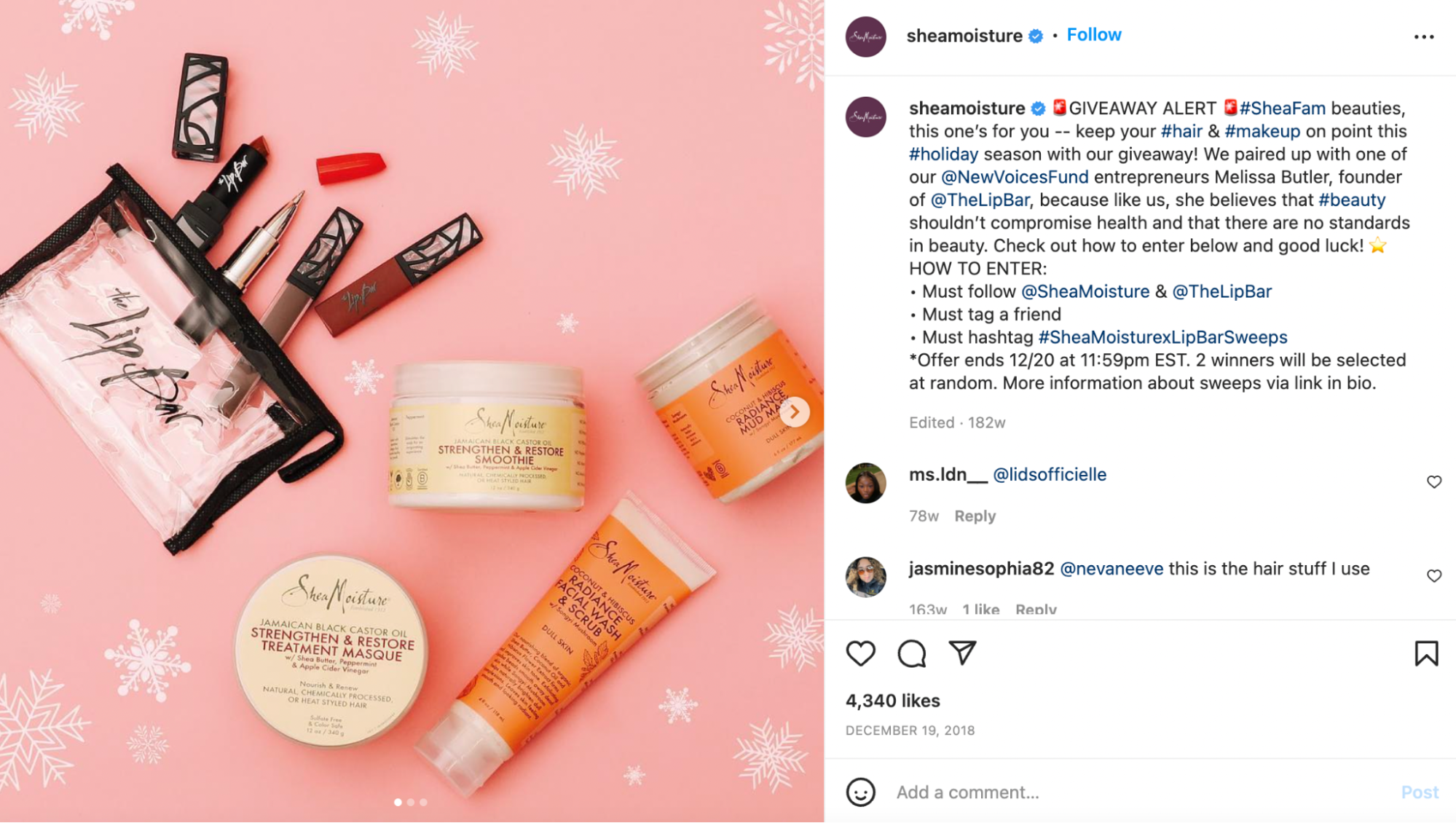 Shea Mositure uses the hashtag #SheaMoisturexLipBarSweeps to promote its giveaway and encourage participants to get involved. 