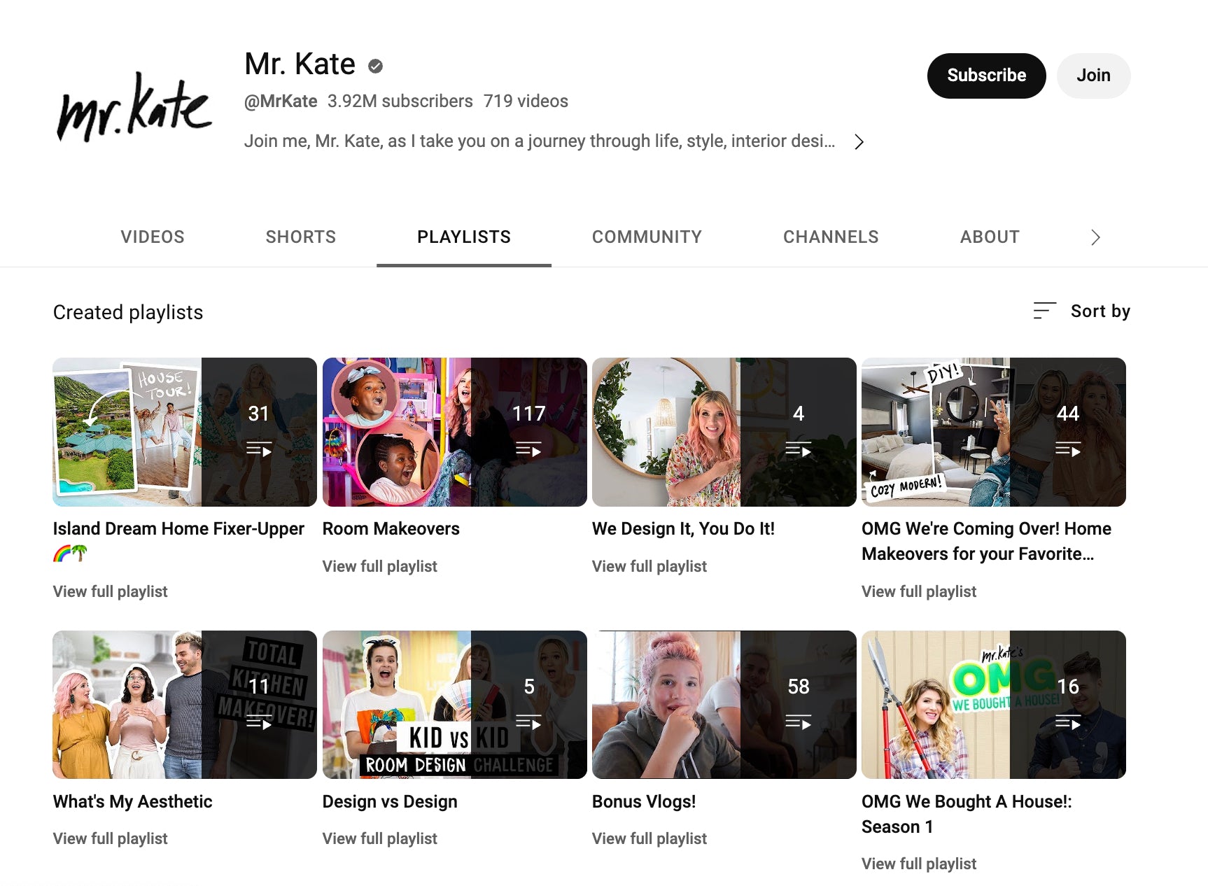 A screenshot of Mr. Kate's Youtube playlists page