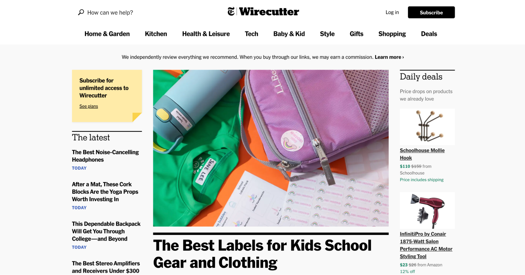 The New York Times' Wirecutter site showing articles rounding up and reviewing products