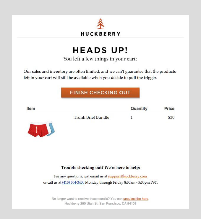 huckberry abandoned cart email creates a sense of urgency with the copy and shows the item and price left behind