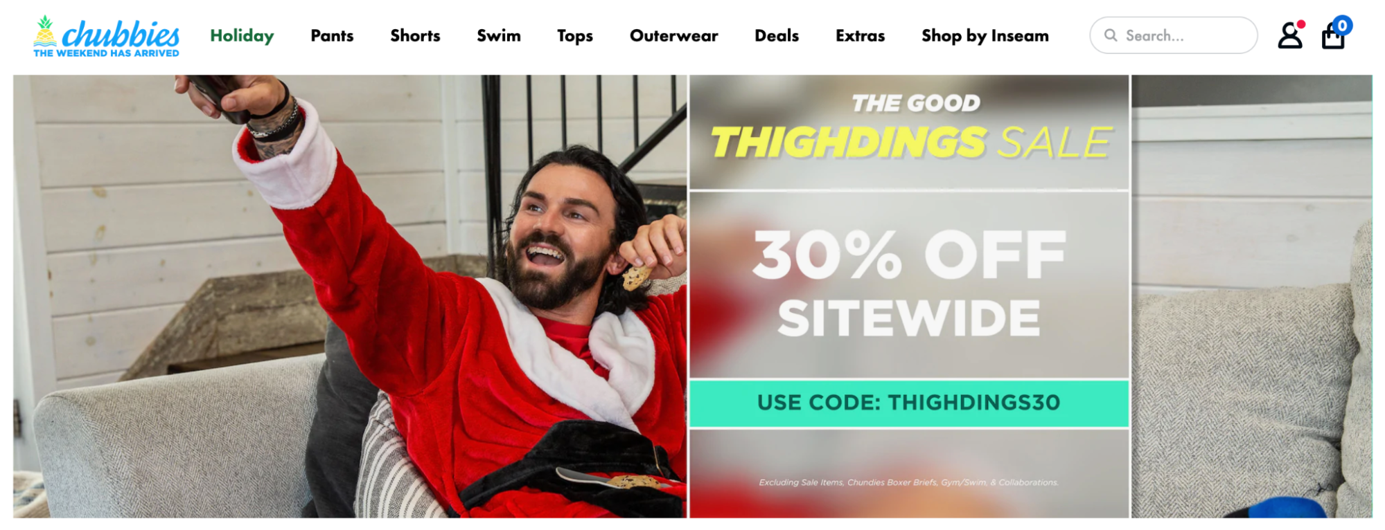 Chubbies homepage, a man sitting on a sofa holding a TV remote with a gleeful expression.