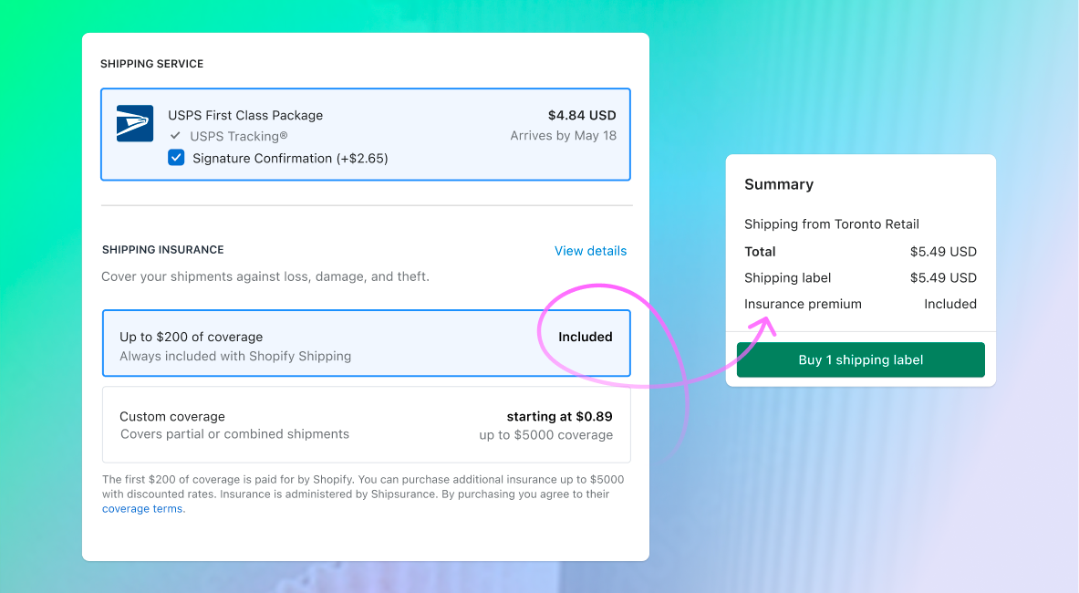 Illustration of a shipping label with included shipping insurance in Shopify admin.