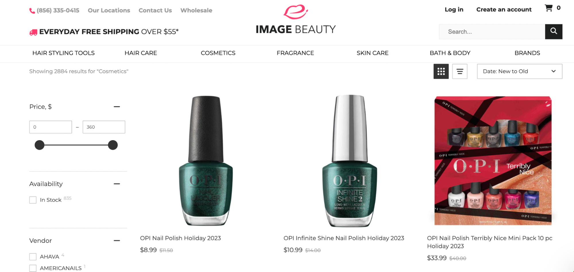 Image Beauty’s wholesale website, showing OPI nail polish.