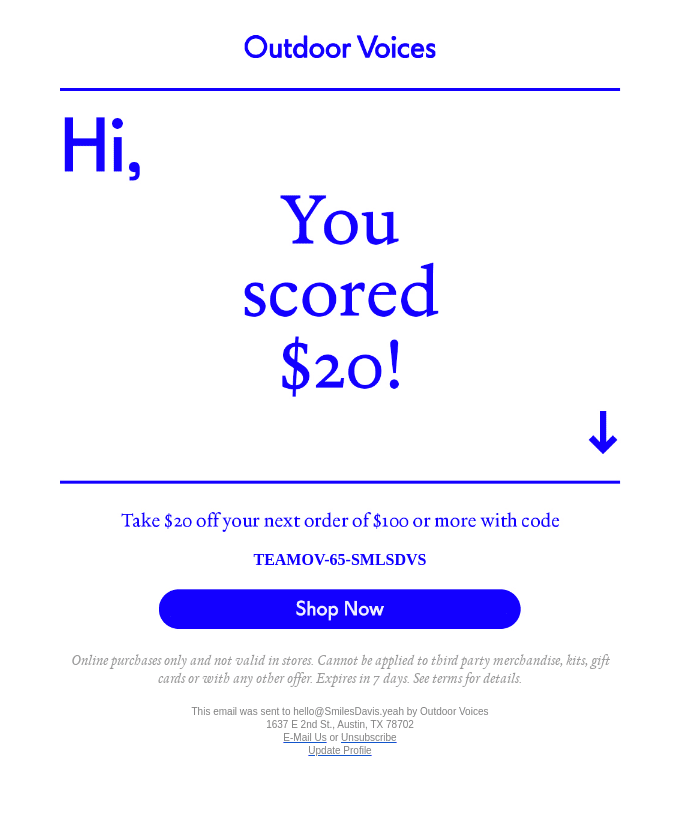 An email from offers inactive subscribers $20 to use for online purchases over $100