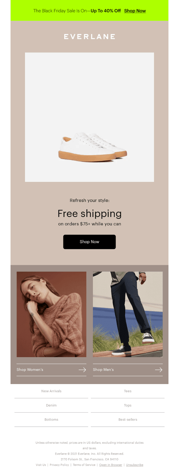 An email showing Everlane promoting its Black Friday sale through email via banners