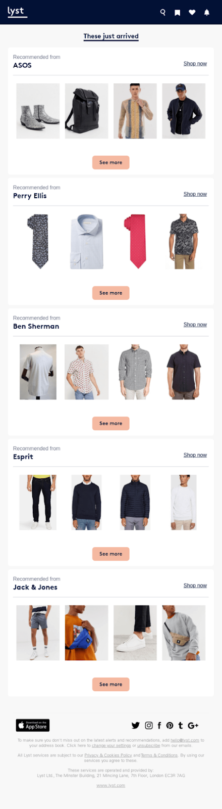 An email where Lyst sends a message based on brands customers are interested in