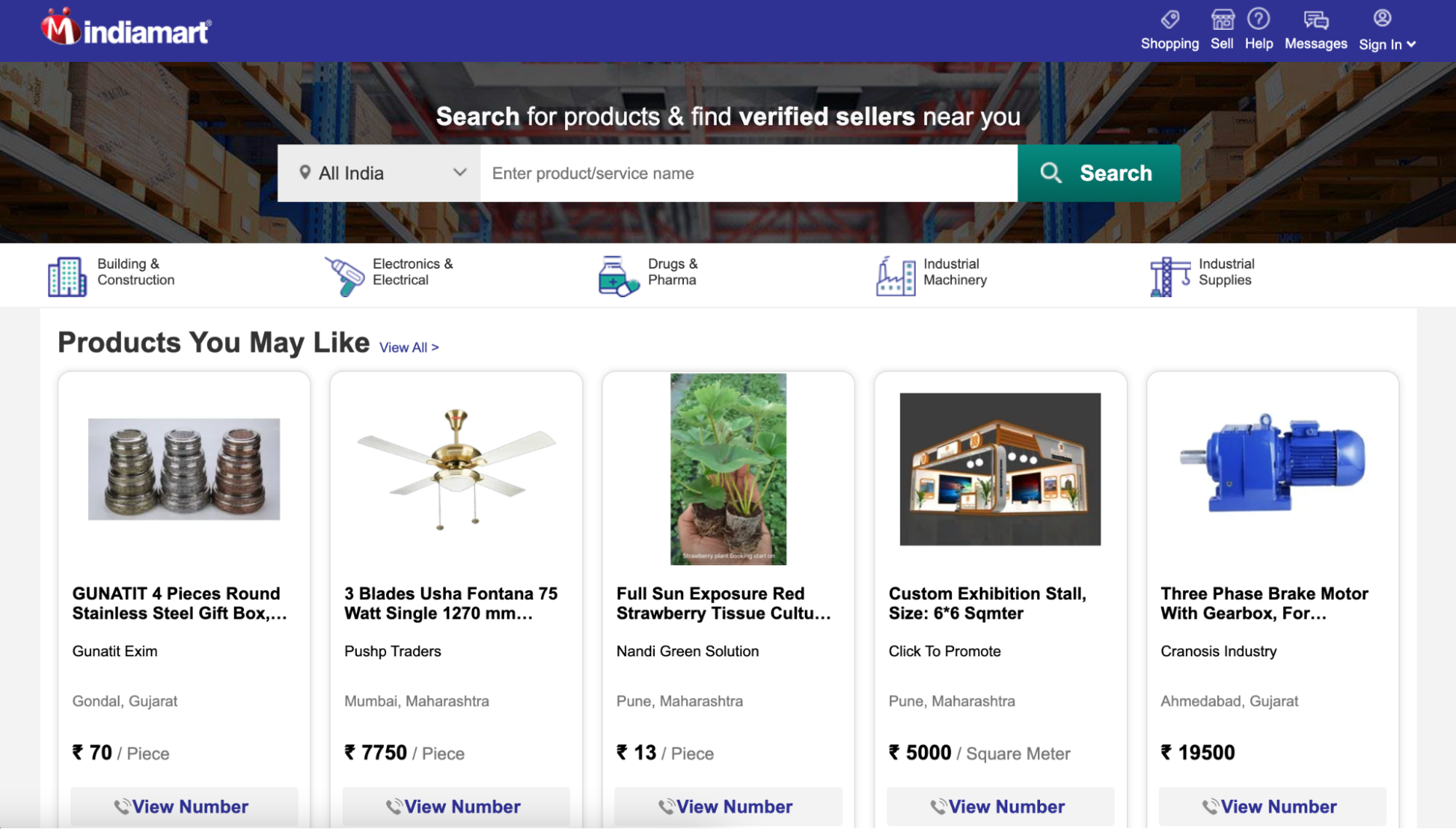 Indiamart’s wholesale supplier website promoting products the browser might like.