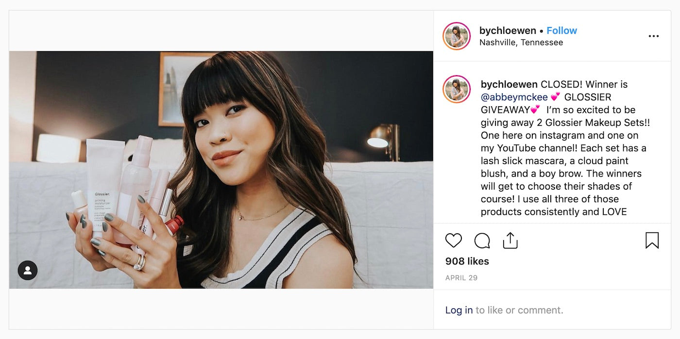Instagram post by @bychloewen offering a Glossier product giveaway for new email subscribers