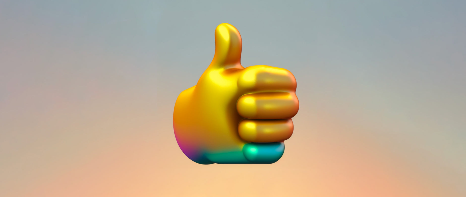 A metallic graphic 3D thumbs up emoji floats like a balloon against a gradient