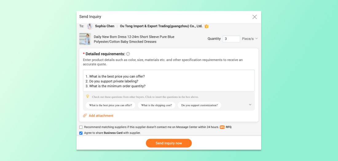 An Alibaba supplier inquiry form in which a retailer is asking for information about pricing and order quantities