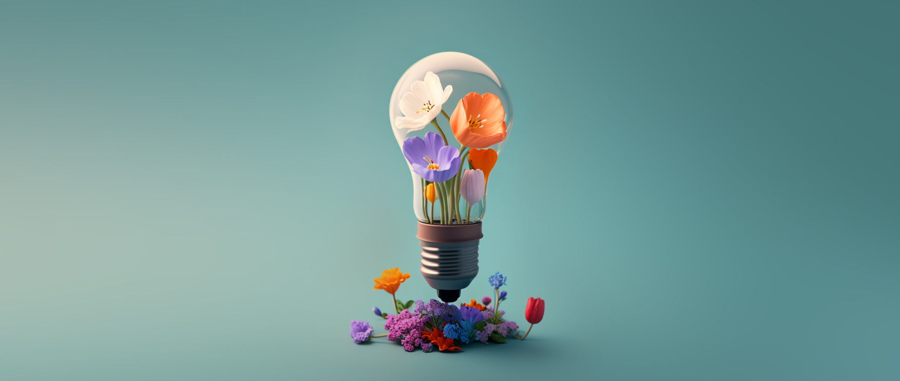 A lightbulb is full of growing flowers and dropped petals signifying the ideas of women in business