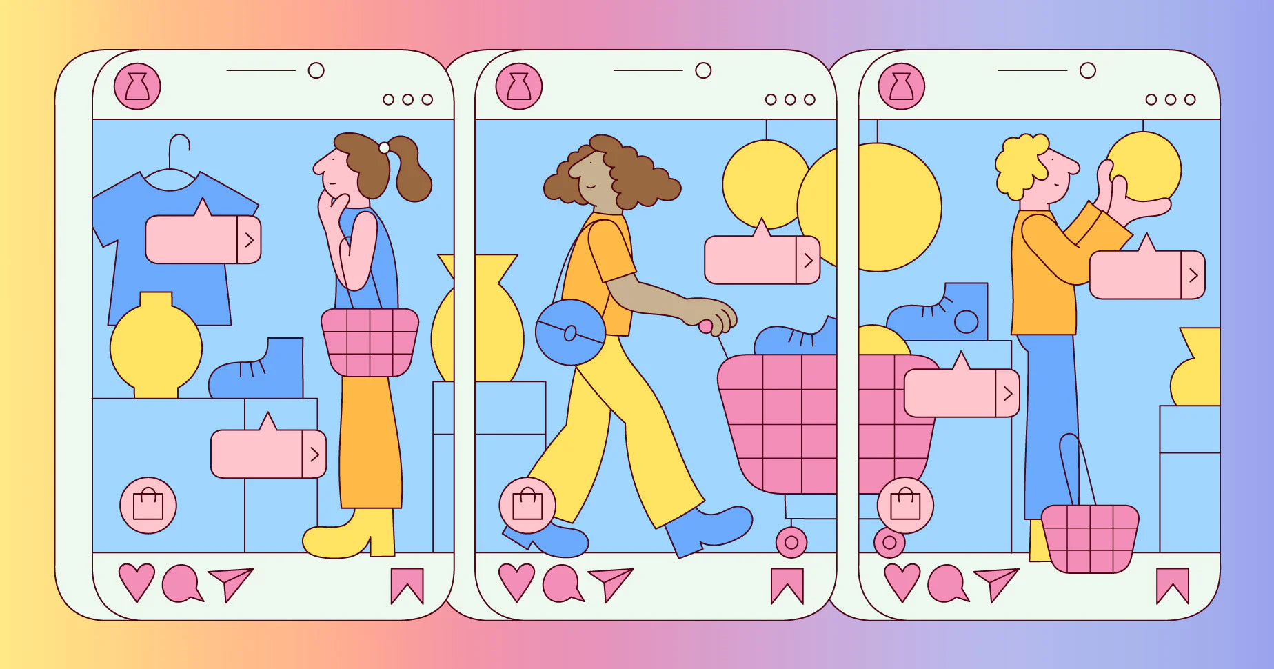 An illustration of three instagram posts showing people browsing products and shopping.