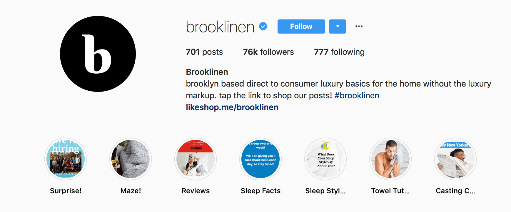 Instagram bio Brooklinen